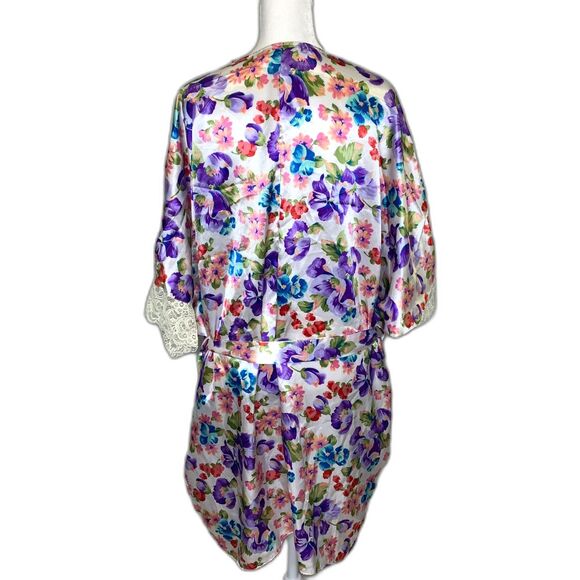 Delicates Trad Wife Satin Floral‎ Lace Trimmed Satin Tie Pockets Robe Large - Picture 2 of 13